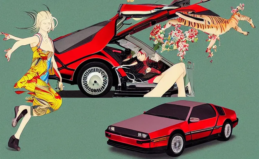 Image similar to a red delorean with a yellow tiger, art by hsiao - ron cheng and utagawa kunisada in a magazine collage, # de 9 5 f 0