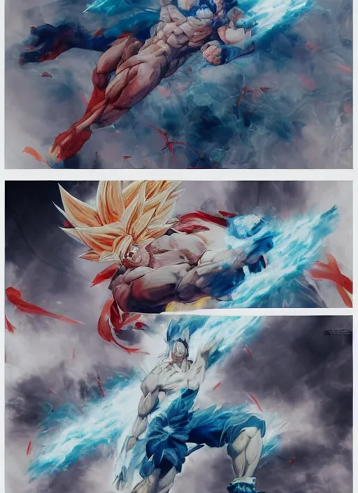 Image similar to surreal gouache gesture painting, by yoshitaka amano, by ruan jia, by Conrad roset, by good smile company, detailed anime 3d render of a gesture draw pose for Goku transforming in a Super Sayian 3, portrait, cgsociety, artstation, rococo mechanical, Digital reality, sf5 ink style, dieselpunk atmosphere, gesture drawn