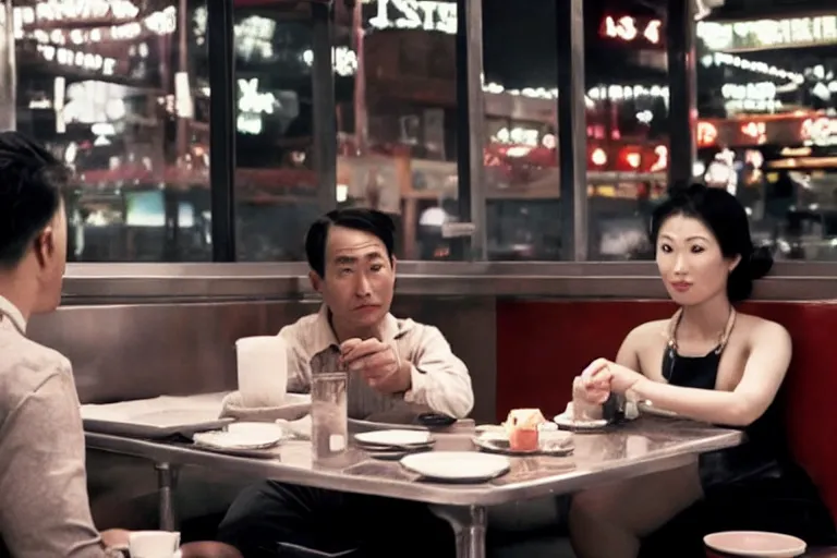 Prompt: VFX movie interior badass Asian couple sitting at 50s diner, night in the city, by Emmanuel Lubezki
