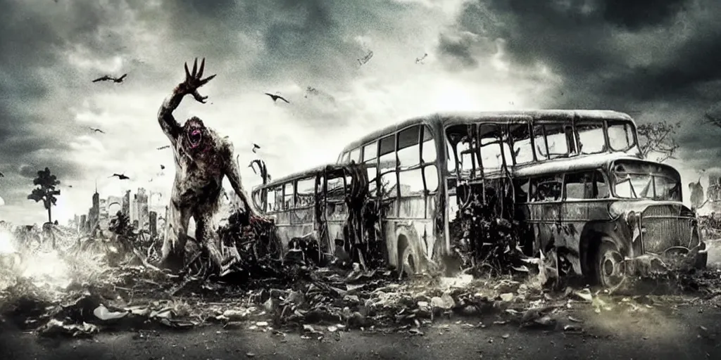 Image similar to a brutal giant zombie try to destroy a bus, still shot from movie