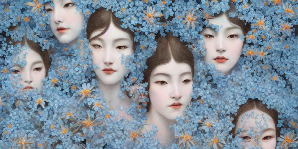 Image similar to breathtaking detailed concept art painting art deco pattern of faces goddesses amalmation light - blue flowers with anxious piercing eyes and blend of flowers and birds, by hsiao - ron cheng and john james audubon, bizarre compositions, exquisite detail, extremely moody lighting, 8 k