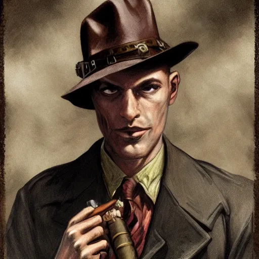 Image similar to dark fantasy character portrait of a 1940s Investigator wearing a brown trenchcoat and fedora smoking a cigar, dystopian mood, intricate, wild, highly detailed, digital painting, artstation, upper body, concept art, smooth, sharp focus, illustration, art by artgerm and greg rutkowski and alphonse mucha