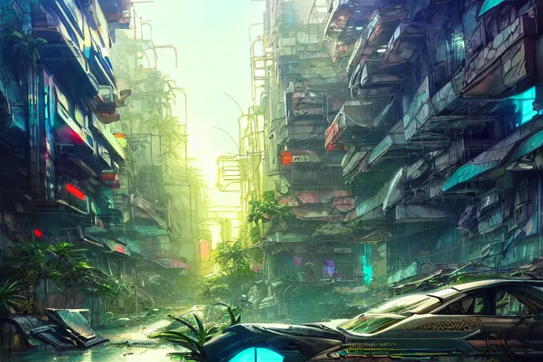 Image similar to a cyberpunk city in ruins, jungle plants overgrowing the streets and buildings, cats run through the ruins, drinking from pools of water and climbing on old fallen signs, by artgerm and amano and rutkowski and kincaid, trending on artstation