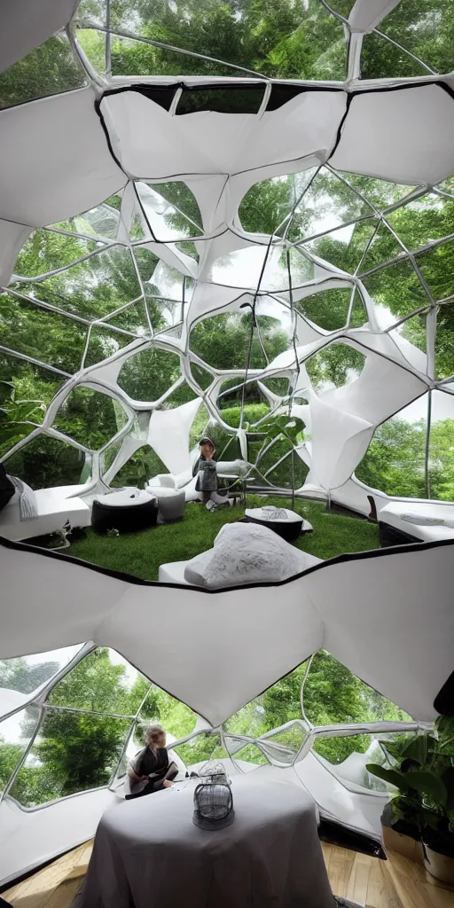 Prompt: inside an inflatable organic geodesic home. The inflatable fabric is translucent white with black stitching. A very tall living room and kitchen. The walls bulge with the inflated pressure. The mesh fabric has a strong texture. The inflatable geodesic has a cellular geometry. On the floor of the living room is a hydroponic garden. A family is eating breakfast at a table. Architectural photography. Unreal engine, 4K, 8k. Volumetric Lighting