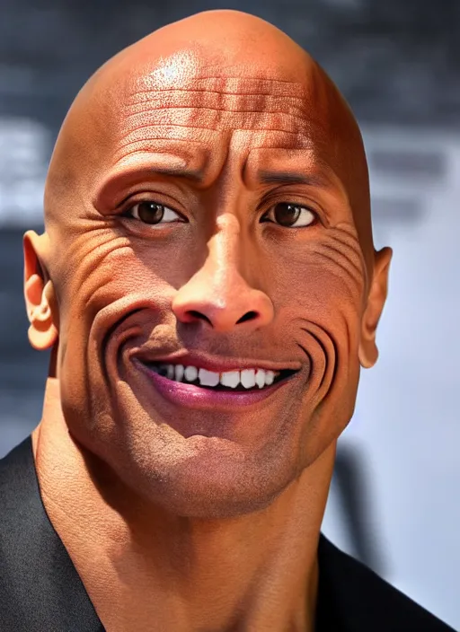 Prompt: a close up photograph of Dwayne Johnson with enormous eyes, a tiny mouth, and an incredibly wide nose