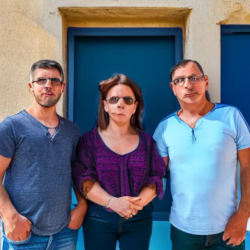 Prompt: 2 men and 1 women stood outside a building in montenegro on a sunny day, 4 k image