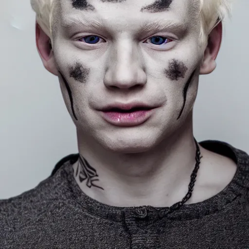 Image similar to portrait of an albino in front of a white background, blonde hair and eyebrows, face tattoo, cinematic lightin