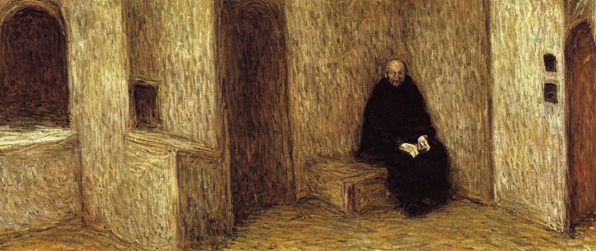 Image similar to a medieval monk very drunk and depressed in his cell; a painting by Claude Monet