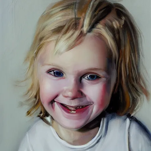 Prompt: portrait painting of woman from scandinavia, toddler, blonde hair, daz, occlusion, smiling and looking directly, brushstrokes, white background, art by enki bilal