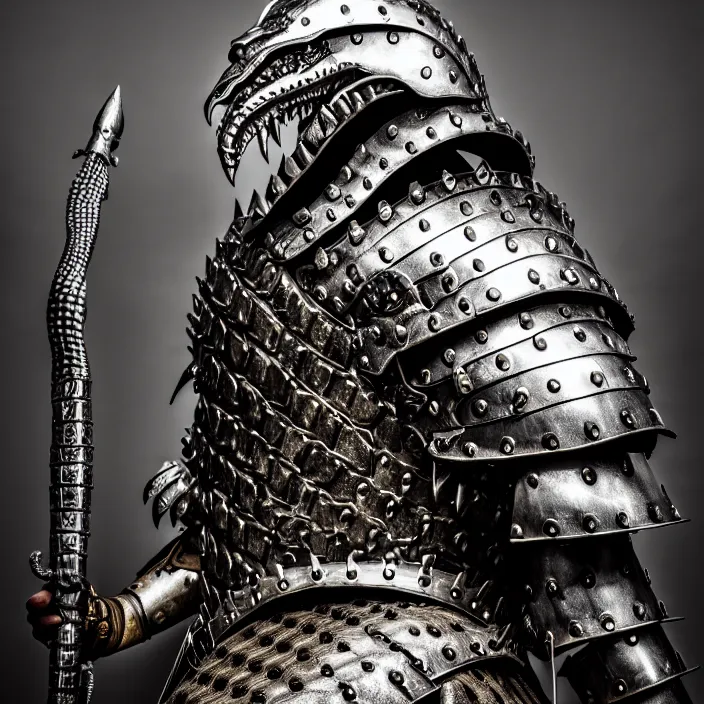 Image similar to photo of a warrior with metal crocodile themed armour, highly detailed, 4 k, hdr, smooth, sharp focus, high resolution, award - winning photo