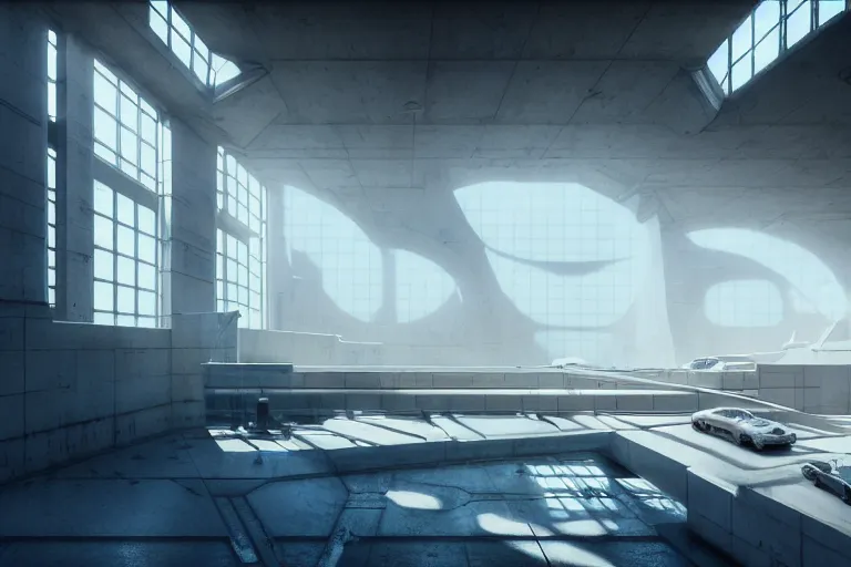 Prompt: hyper realistic interior photo of a white concrete brutalist megastructure with huge windows and skylights, volumetric light rays, style of simon stalenhag and alphonse mucha, cinematic and blue cold atmospheric, archillect concept art, trending on artstation, epic matte painting by weta digital, cgisociety