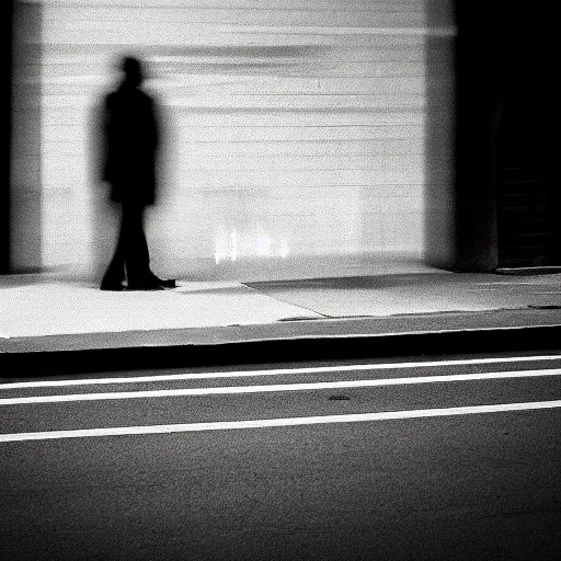 Image similar to a lonely shadowy figure at night, black and white, long exposure, motion blur, 3 5 mm