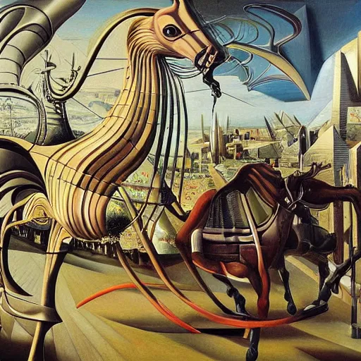 Image similar to an extremely long and spindly mechanical horse in a futuristic victorian city, oil painting, style of salvador dali and richard dadd