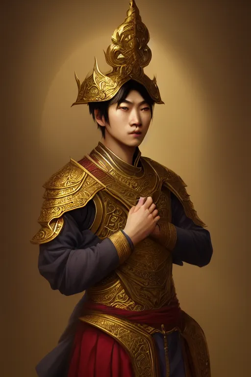 Image similar to a portrait of a asian male prince, illustration, soft lighting, soft details, dark mood, painting oil on canvas by Edmund Blair Leighton and Charlie Bowater octane render trending on artstation d&d characters, 4k, 8k, HD