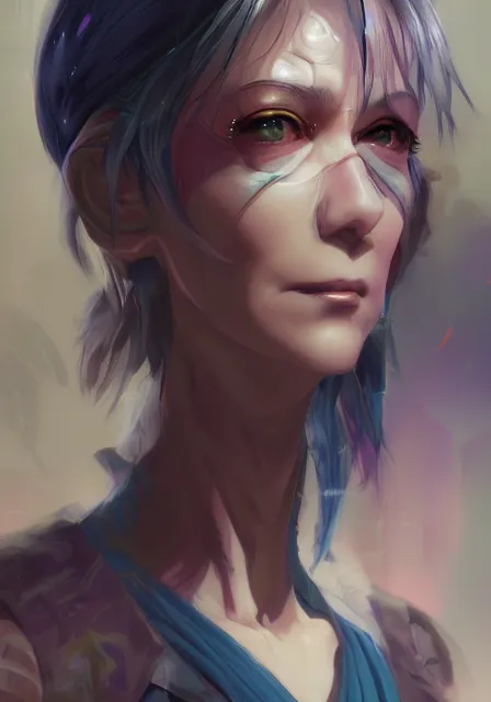 Prompt: A realistic anime portrait of an older cyberpunk woman, digital painting, by Stanley Artgerm Lau, Sakimichan, WLOP and Rossdraws, digtial painting, trending on ArtStation, SFW version