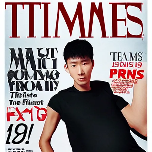Prompt: times magazine cover of china's first pregnant man, young handsome man, attractive, wearing sleeveless shirt