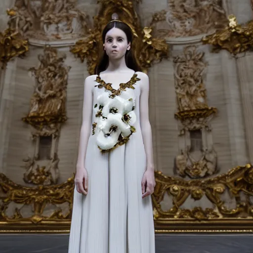 Image similar to Young lady full length shot wearing valentino resort simple sleeveless dress pale grey and white flowers in the style of baroque realism standing inside lourve, 8K, background renaissance paintings with gold