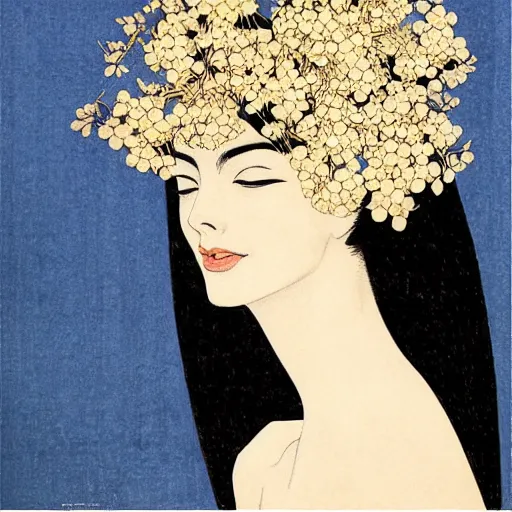 Image similar to “ ann hathaway portrait by ikenaga yasunari and ayana otake and ko rakusui, 6 0 s poster, drawing, realistic, sharp focus, japanese, dreamy, nostalgia, faded, golden hues, floral clothes, porcelain skin ”