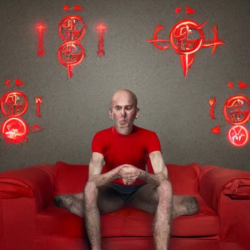 Image similar to a man philosophy schizophrenic is sitting in a red room with infernal symbols and sigils and runes for death and anger 8K height detailed