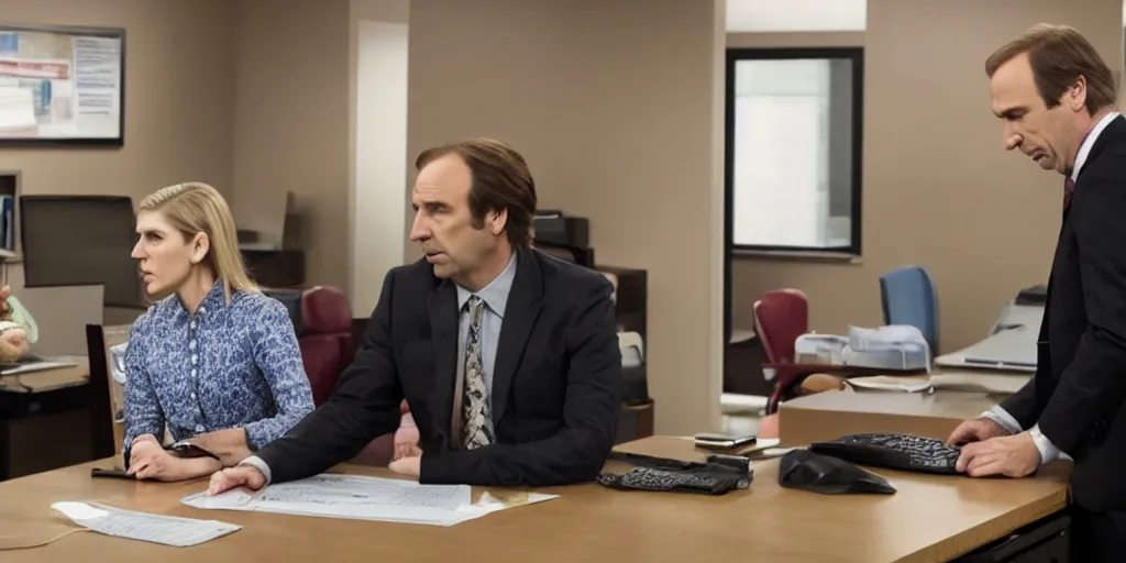 Prompt: saul goodman and kim wexler in severance office setting