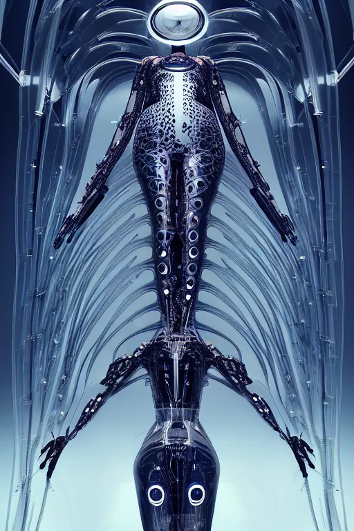 Image similar to background space station, dark inflateble dress iris van herpen positing on floor, helmet instead of a head, perfect symmetrical, full body shot, inflateble shapes, wires, tubes, veins, jellyfish, white biomechanical details, wearing epic bionic implants, masterpiece, intricate, biopunk, vogue, highly detailed, artstation, concept art