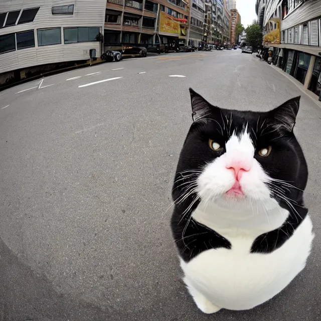 Image similar to fisheye photo of super fat angry cat sitting in a wheelchair