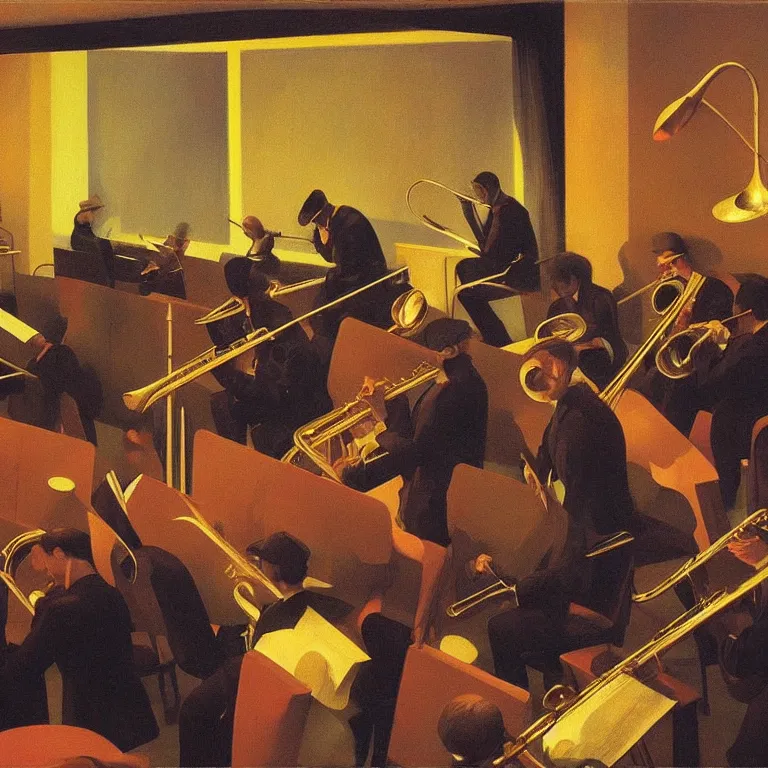 Prompt: jazzband, Edward Hopper and James Gilleard, Zdzislaw Beksinski, Steven Outram highly detailed