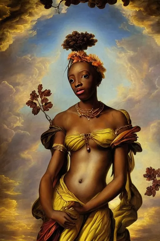 Image similar to baroque painting of african mother nature floating through the sky, inspired by gustav moreau and wayne barlow, exquisite detail, hyper realism, ornate, exquisite detail