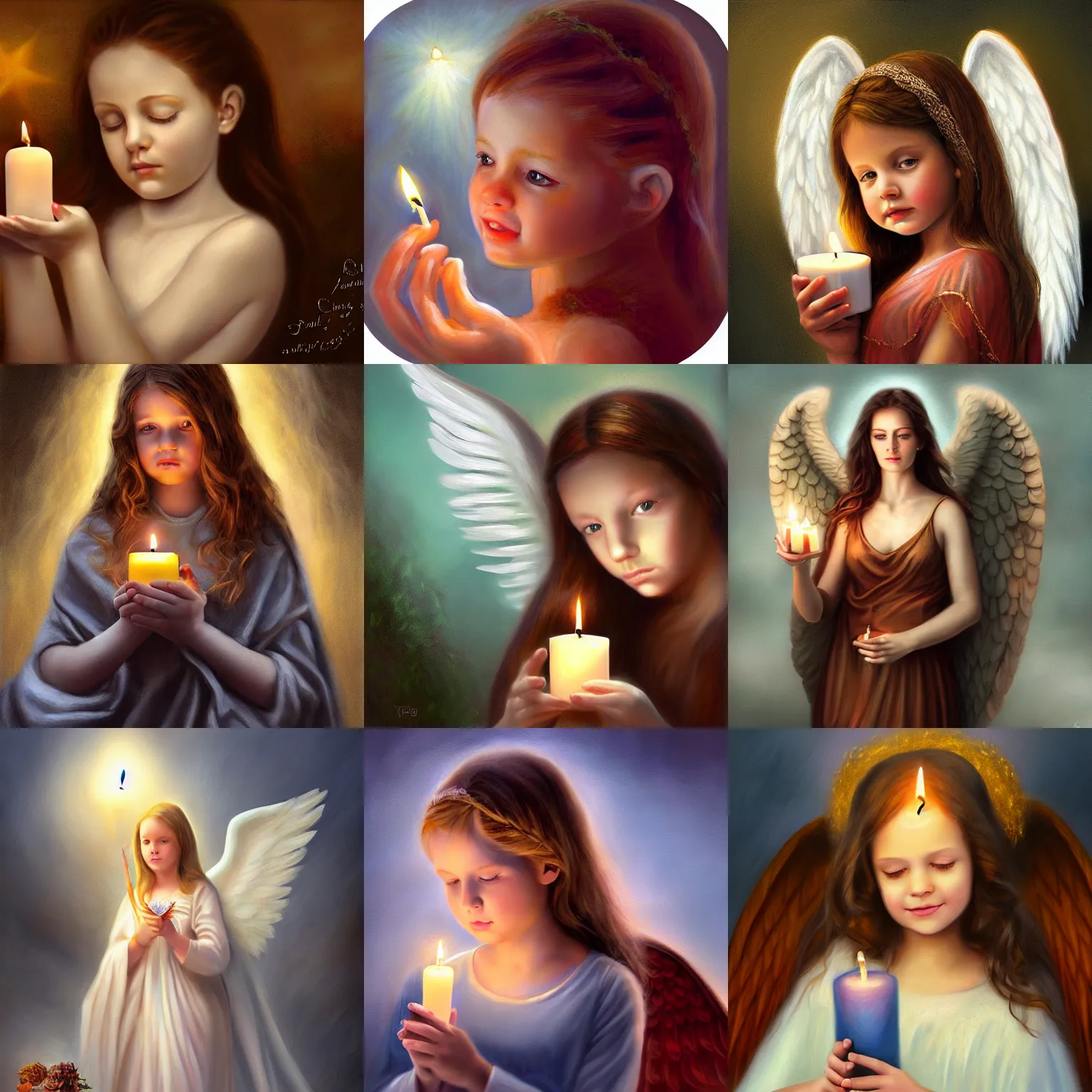 Prompt: an angel girl with a candle, realistic painting, high definition, digital art, matte painting, very detailed, realistic