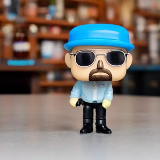 Prompt: a Funko Pop collectible of Walter White. pork pie hat. holding a small blue bag