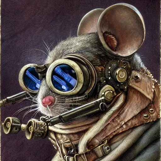 Prompt: a rat with steampunk googles, by john howe