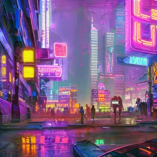 Image similar to an impressionist oil painting of a cyberpunk city with a lot of neon signs, highly detailed, texture, masterpiece, trending on artstation, pink, purple, huge scale, beautiful, isometric projection