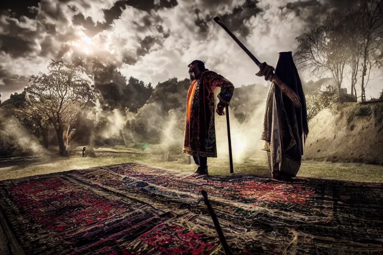 Image similar to festival on a stage, man with scythe, traditional romanian clothing, dramatic lighting, beautiful, volumetric lighting, colorful