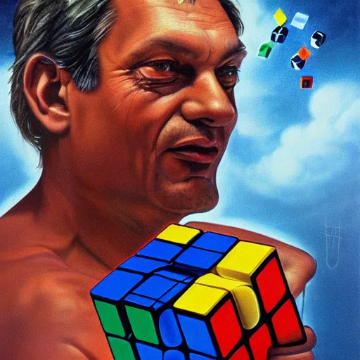 Image similar to portrait of viktor orban in shorts playing with a rubik's cube, confused face, highly detailed illustration by boris vallejo, airbrush painting