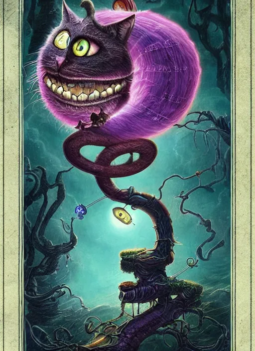 Image similar to cheshire cat the magician tarot card, highly detailed, cinematic, 8 k, bymegan duncanson, benjamin lacombe, naoto hattori, adrian borda, giger, trending on deviantart, hyper detailed, horror, full of colour