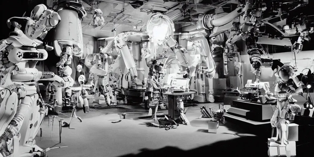 Image similar to a futuristic film studio with robot technicians preparing a scene with frightened human beings by Stanley kubrick, sci-fi, color vibe, reimagined by industrial light and magic