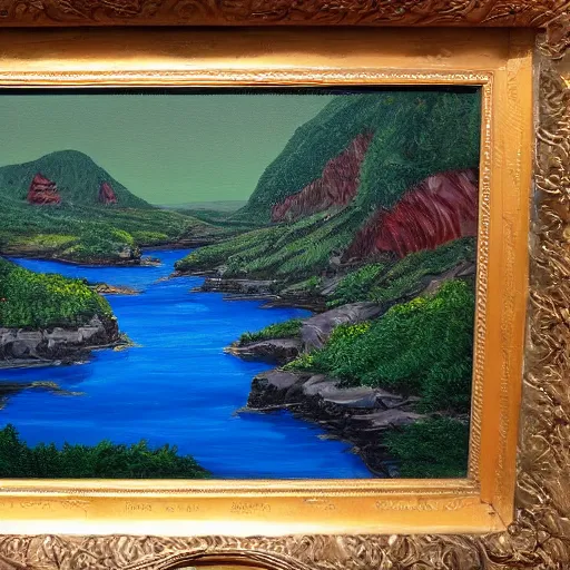 Prompt: acrylic painting of a lush natural scene on an alien planet by ray hassard. very detailed. beautiful landscape. weird vegetation. cliffs and water.