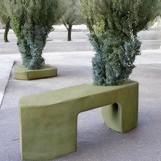 Image similar to creative concrete benches, colorful, olive trees