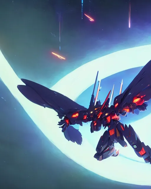 Image similar to highly detailed vfx portrait of an demonic gundam with wings of feathers beam saber fighting in space with a beam gun, unreal engine, greg rutkowski, loish, rhads, beeple, makoto shinkai and lois van baarle, ilya kuvshinov, rossdraws, tom bagshaw, alphonse mucha, global illumination, detailed and intricate environment