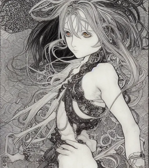 Image similar to yoshitaka amano anime painting, intricate line drawings, pen and ink, alphonse mucha, claire wendling, kentaro miura, ruan jia