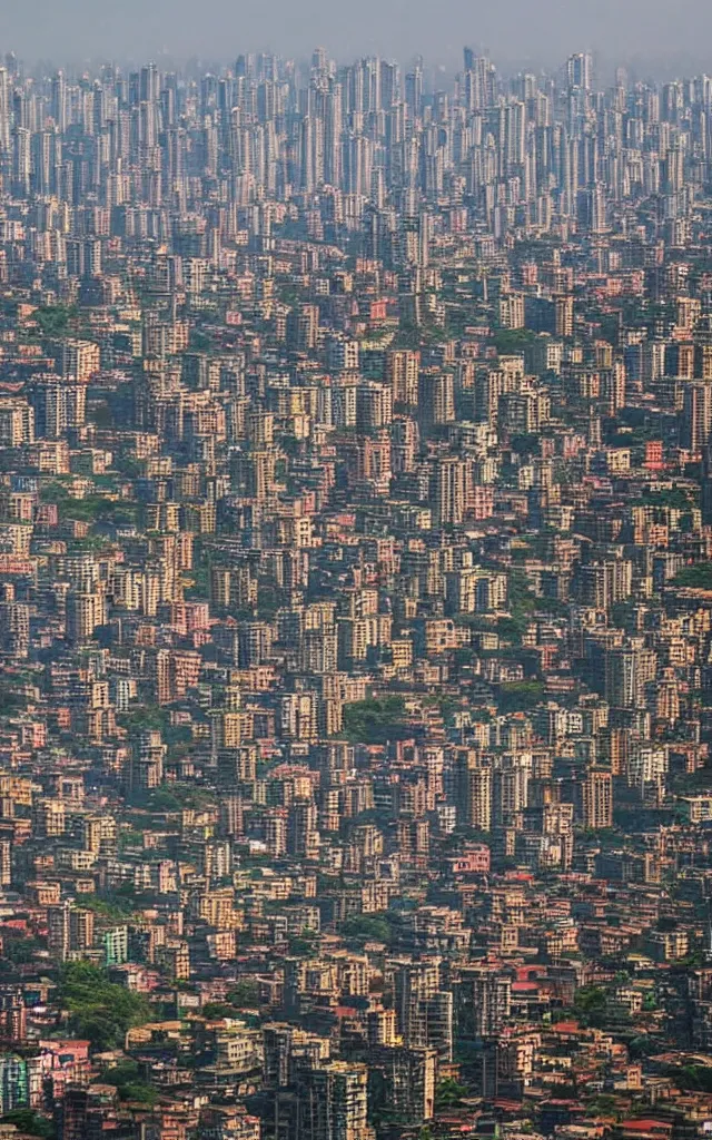 Prompt: photograph of mumbai in the future, india, urban buildings, street view