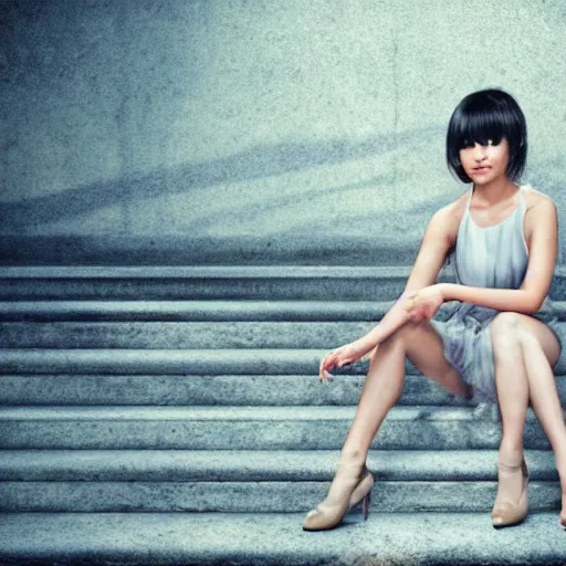 Prompt: like dust, magic gathers in overlooked places, photorealistic portrait of yuja wang. absolutely stunning!, sitting on the stairs to a palace, beautiful omnipotent goddess, symmetrical perfect face, porcelain skin, ultra - detailed, digital art, unreal engine 5, 8 k