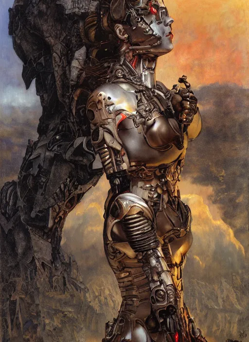 Prompt: portrait of a diabolical beautiful female cyborg girl, torn cape, adaptive armor, dynamic pose, heavy eyes to the side, ancient ruins, glowing veins subsurface scattering, in clouds, sunset, portrait, by gerald brom, by mikhail vrubel, by peter elson, muted colors, extreme detail, reflections, trending on artstation, 8 k