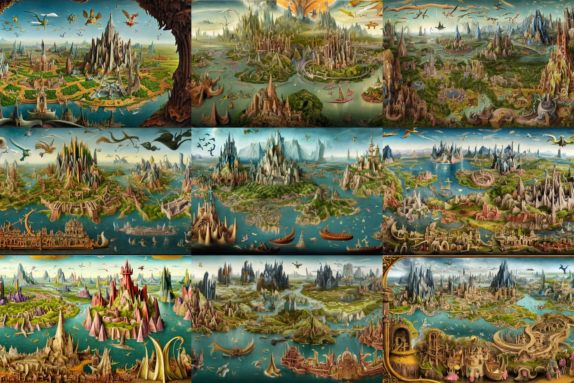 Prompt: a beautiful and insanely detailed matte painting of a magical mythical medieval sprawling city with surreal architecture and mythical flying creatures designed by Heironymous Bosch, mega structures inspired by Heironymous Bosch's Garden of Earthly Delights, surreal ships in the harbor, the entrance to the c is an open mouth in the style of heironymous bosch, a collaboration between Bernardo Bellotto and Jim Burns and Noah Bradley and Tyler Edlin, rich pastel color palette, masterpiece!!, grand, imaginative!!!, whimsical, intricate details, sense of awe, fantasy realism, complex composition!!