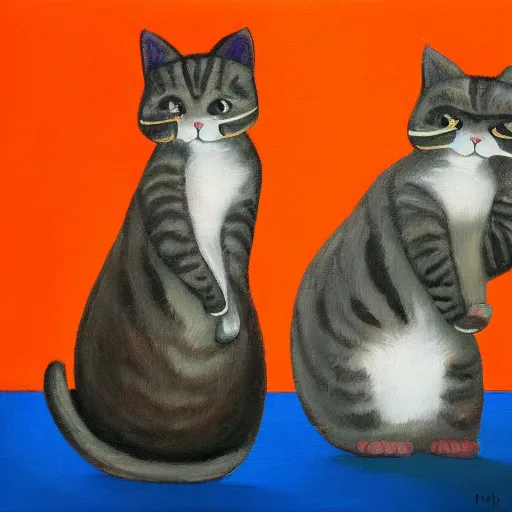 Prompt: two cats playing ping - pong on orange background, oil painting