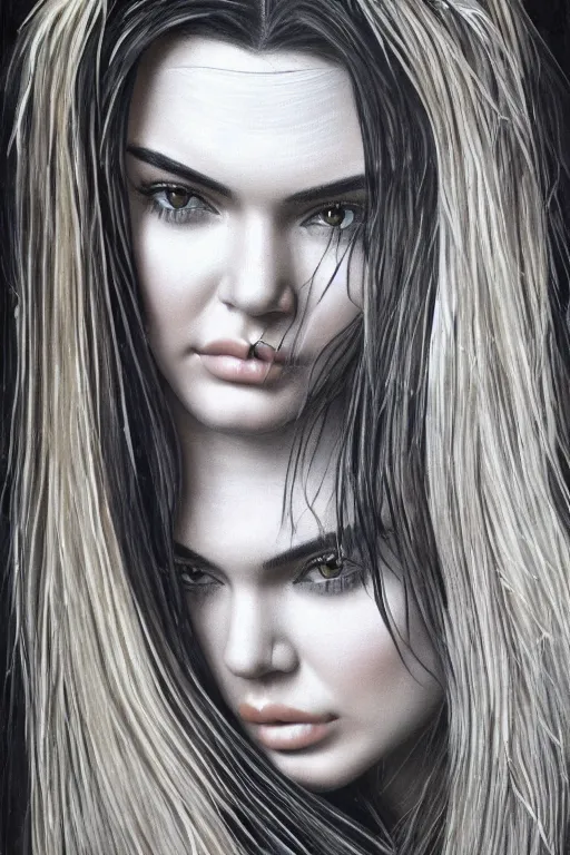 Image similar to realistic detailed face portrait painting of the beautiful kendall jenner with long hair with sci-fi headwear and transparent skin ,drawn by HR GIGER