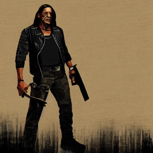 Prompt: danny trejo in a cyberpunk landscape wielding a machete and a revolver, concept art