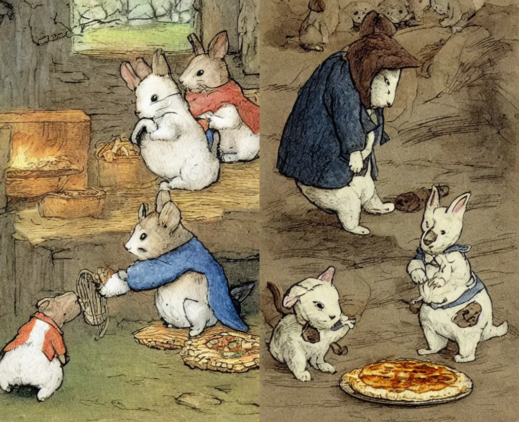 Prompt: a Beatrix potter illustration of naughty puppies trying to steal a piping hot pie