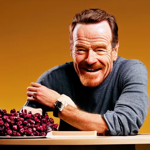 Image similar to closeup portrait of happy bryan cranston with open mouth filled with cranberies, eating cranberries, food photography, natural light, sharp, detailed face, magazine, press, photo, steve mccurry, david lazar, canon, nikon, focus