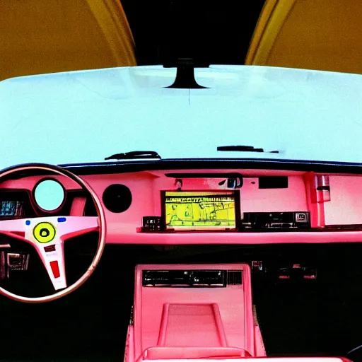 Prompt: full - color digital photo of the dashboard and interior of a 1 9 7 8 model retrofuturistic sports - car, resembling the cockpit of a spaceship, with glowing indicator lights and a crt displaying navigation maps. concept - car. cassette - futurism ; cassette - punk. high - quality professional promotional photography released by an auto manufacturer.